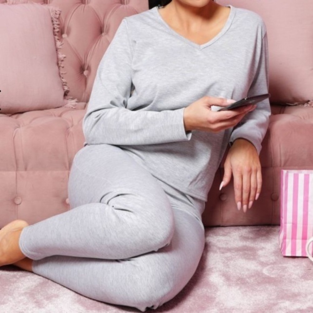 Grey Long Sleeve V Neck Leggings Loungewear Set